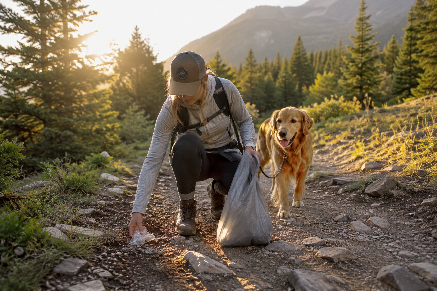 Trail stewardship — picking up litter while hiking with a dog