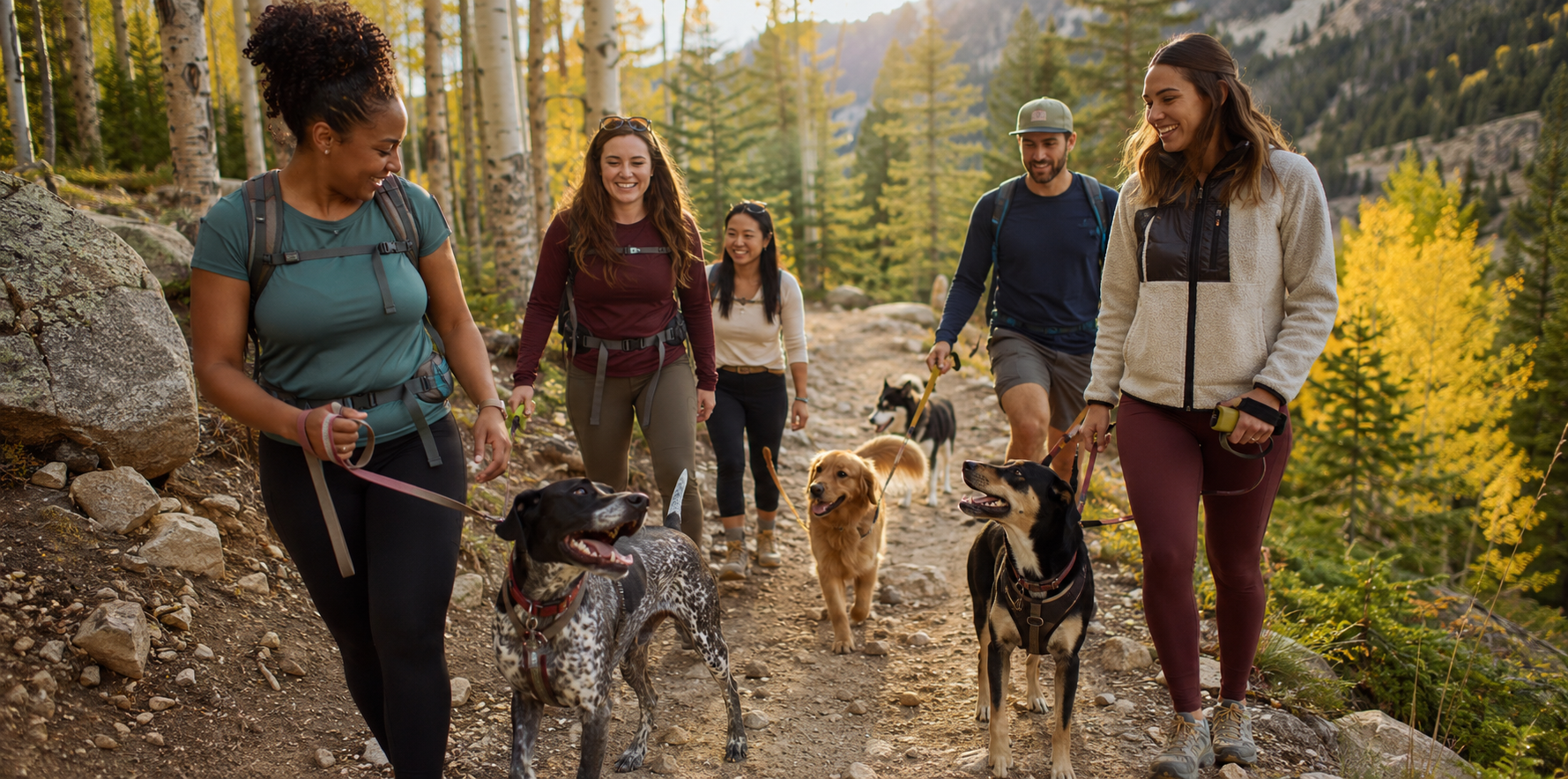 Dog owners hiking together on a Colorado trail